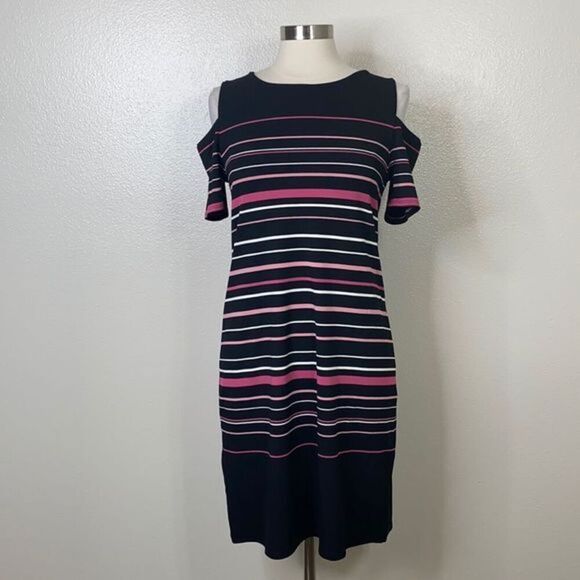 WHBM Black Pink Striped Cold Shoulder Midi Dress - Picture 1 of 8
